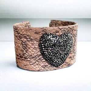 Wide Leather Cuff Bracelet with a Rhinestone Clover Accent